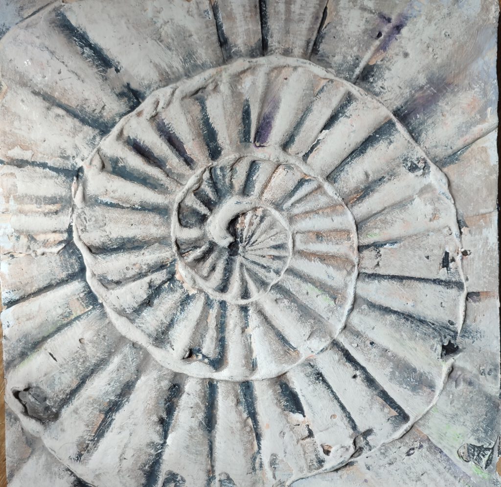 An abstract painting of a grey shell, using incorporated ash.
