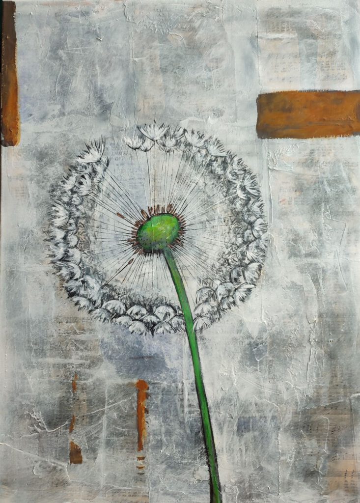 A painting of a dandelion, mostly in grey.