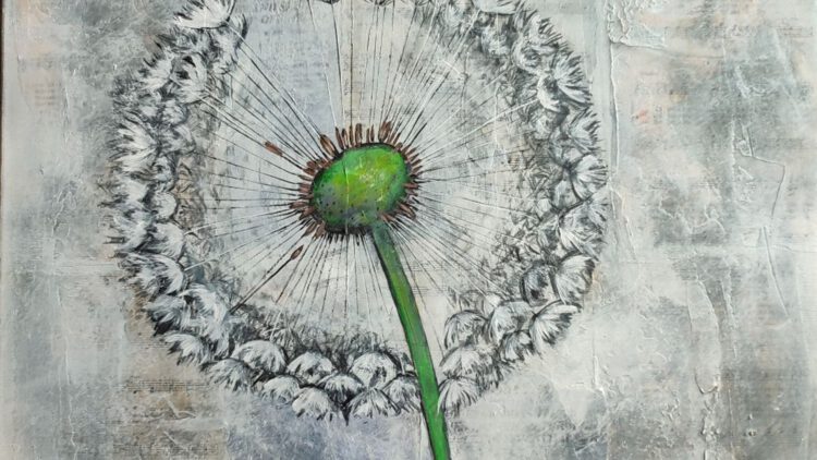 A painting of a dandelion, mostly in grey.
