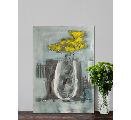 An abstract painting of a yellow flower in Vase, standing on the floor next to a vase with green flowers.