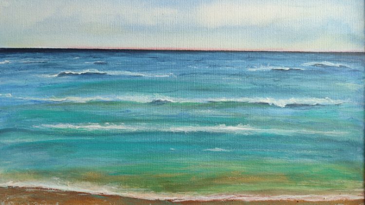 A painting of a beach in blue and green colours.